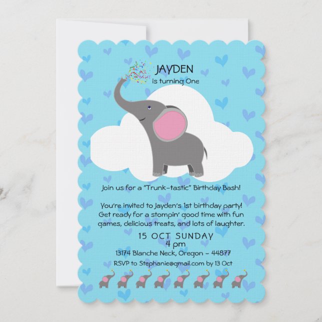 Cute Elephant First Birthday Invitation (Front)