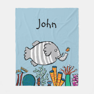Cute Elephant Fish Scene with Coral Fleece Blanket