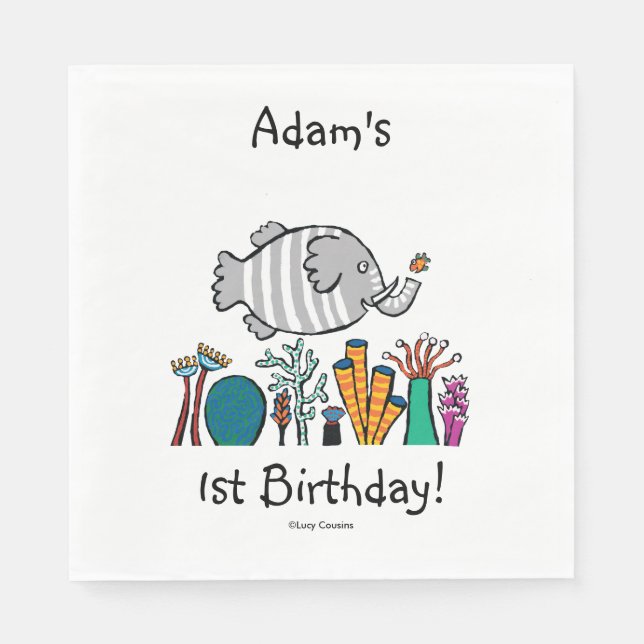Cute Elephant Fish Scene with Coral Napkins (Front)