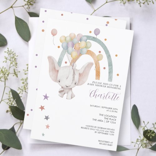 Cute Elephant Floating With Balloons Baby Shower Invitation