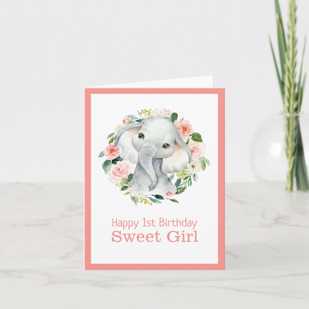 Cute Elephant Floral 1st Birthday for Girl Card | Zazzle