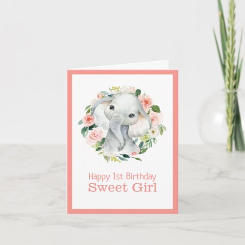 Cute Elephant Floral 1st Birthday for Girl Card