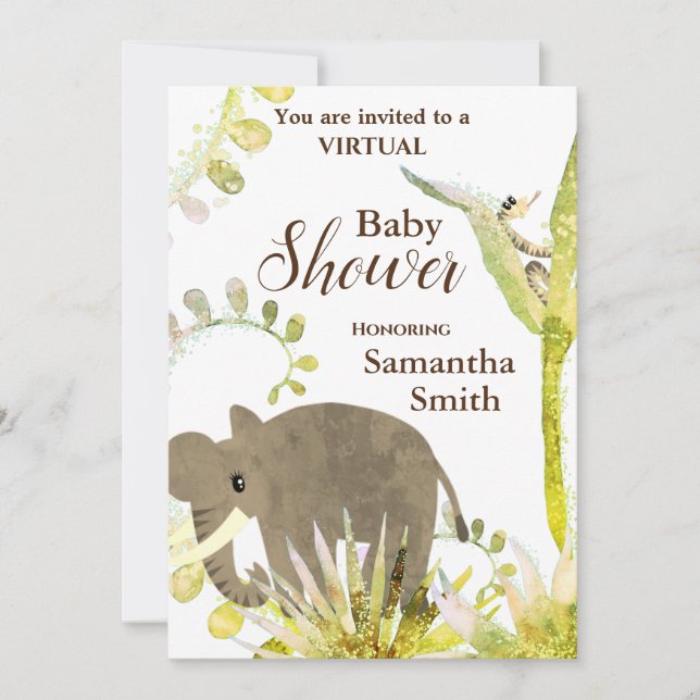 Cute Elephant & Floral Art Virtual Baby Shower   Invitation (Front)