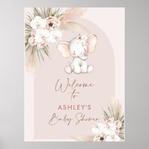 Cute Elephant Floral Boho Arch Baby Shower Welcome Poster