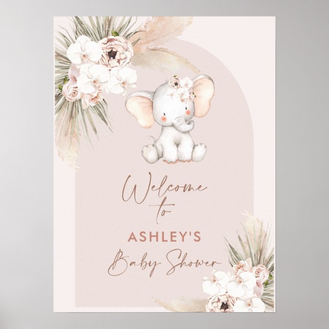 Cute Elephant Floral Boho Arch Baby Shower Welcome Poster (Front)