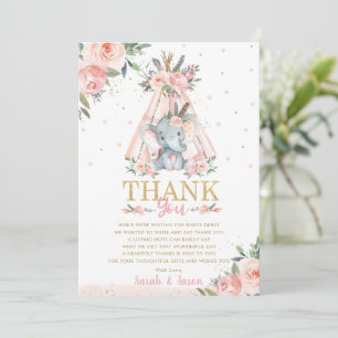 Cute Elephant Floral Boho Tribal Girl Baby Shower Thank You Card