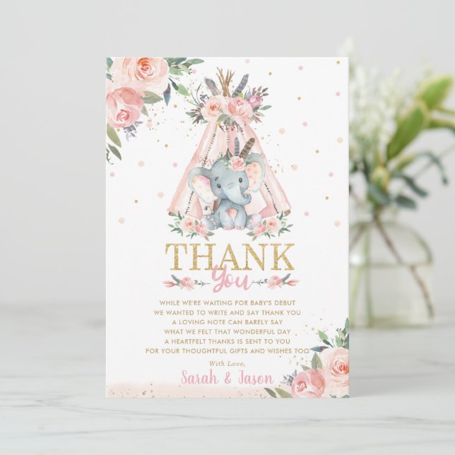 Cute Elephant Floral Boho Tribal Girl Baby Shower  Thank You Card (Standing Front)
