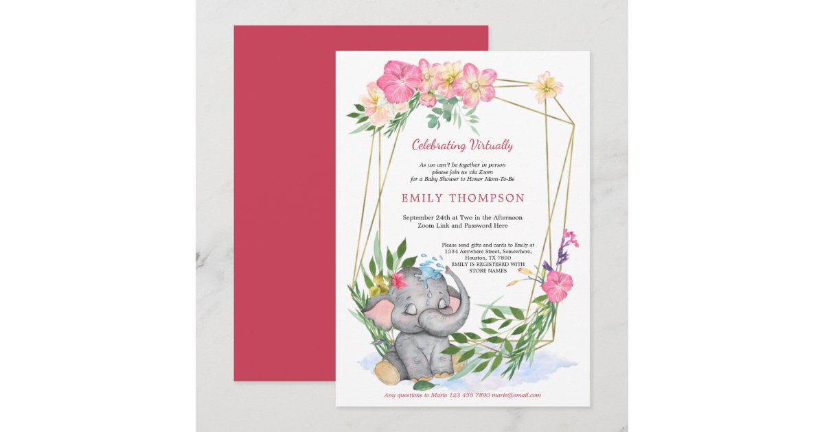 Cute Elephant Floral Geometric Virtual Baby Shower Invitation | Zazzle