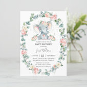 Cute Elephant Floral Greenery Baby Shower Girl Invitation (Standing Front)