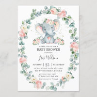 Cute Elephant Floral Greenery Baby Shower Girl Invitation