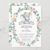Cute Elephant Floral Greenery Baby Shower Girl Invitation (Front/Back)