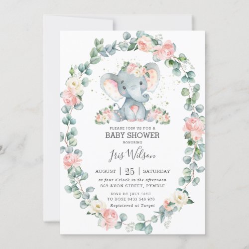 Cute Elephant Floral Greenery Baby Shower Girl Invitation