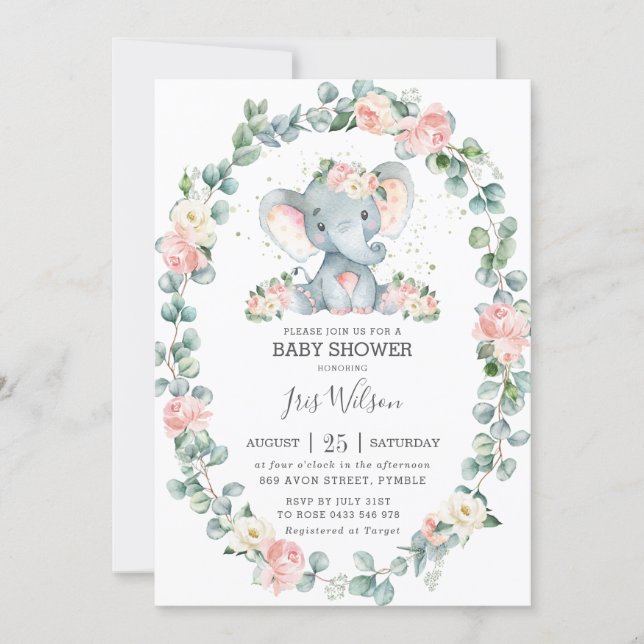 Cute Elephant Floral Greenery Baby Shower Girl Invitation (Front)