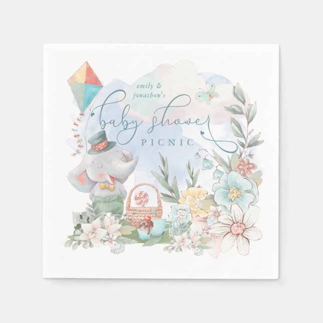 Cute Elephant Floral Nature Boy Baby Shower Picnic Napkins (Front)