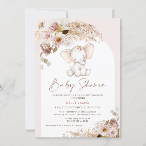 Cute Elephant Floral Pampas Boho Arch Baby Shower Invitation