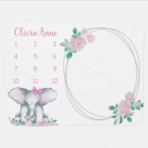 Cute Elephant Floral Pink Girl Baby Milestone Name Baby Blanket