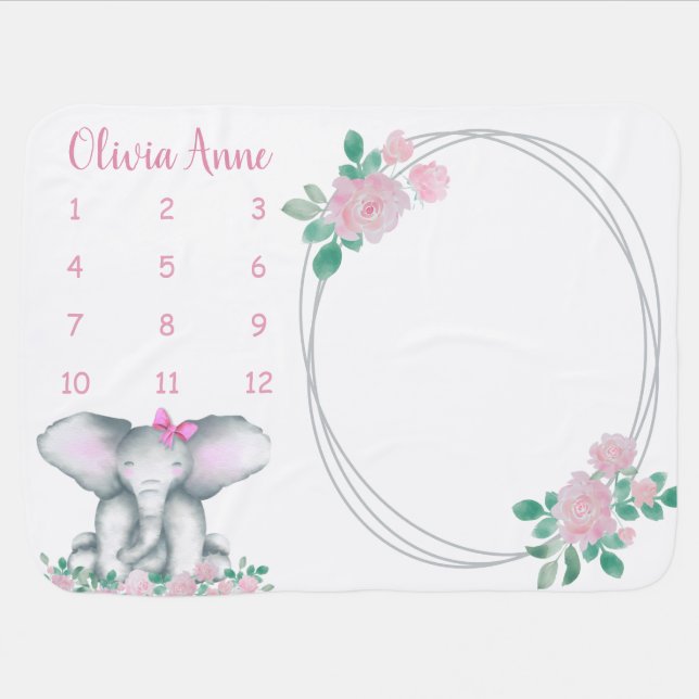 Cute Elephant Floral Pink Girl Baby Milestone Name Baby Blanket (Horizontal)