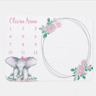 Cute Elephant Floral Pink Girl Baby Milestone Name Blanket