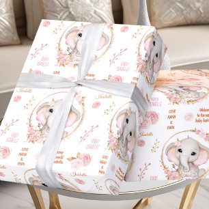 Cute Elephant Floral White Pink Girl Name Text Wrapping Paper
