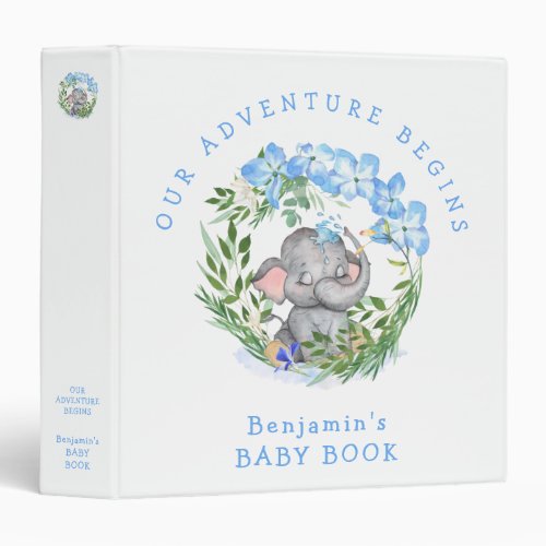 Cute Elephant Florals Blue Boy Baby Book 3 Ring Binder