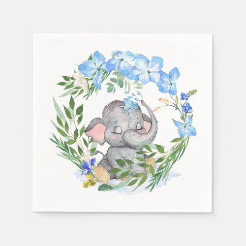Cute Elephant Florals Foliage Blue Baby Shower Napkins