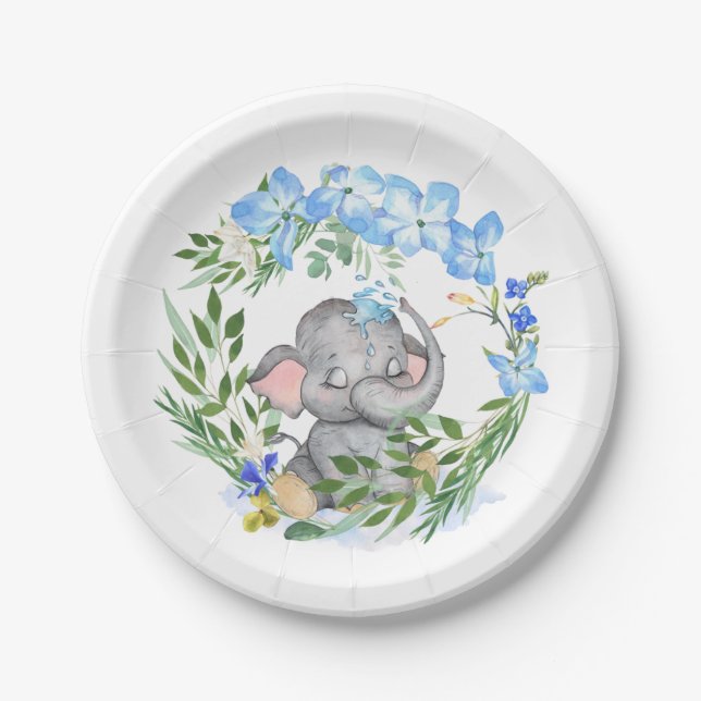Cute Elephant Florals Foliage Blue Baby Shower Paper Plates (Front)