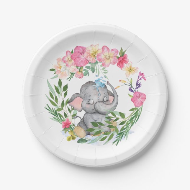 Cute Elephant Florals Foliage Pink Baby Shower Paper Plates (Front)