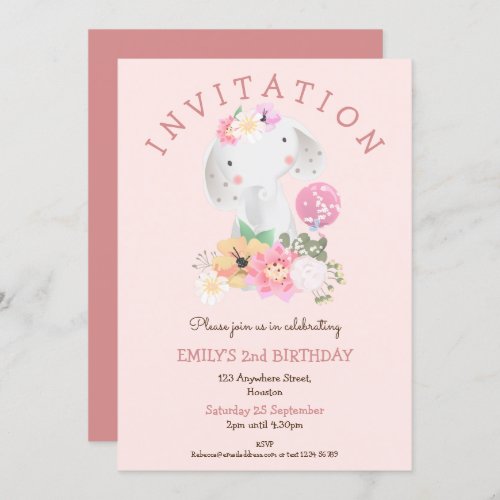 Cute Elephant Florals Girl 2nd Birthday Pink Party Invitation