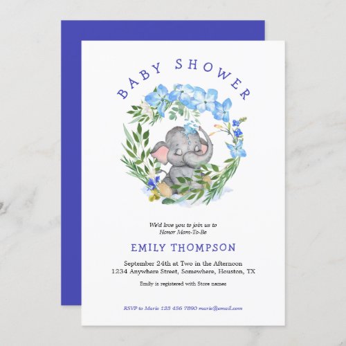 Cute Elephant Florals Greenery Purple Baby Shower Invitation