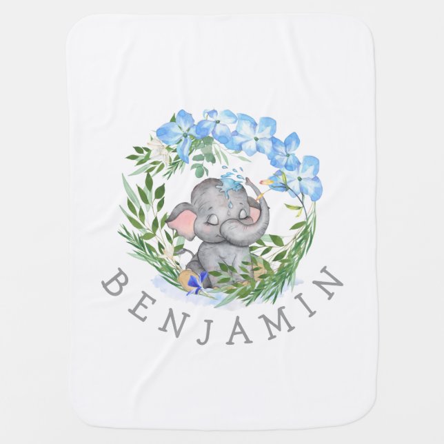 Cute Elephant Florals Name Gray Baby Nursery Blanket (Front)