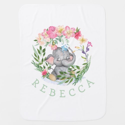 Cute Elephant Florals Name Mint Green Girl Nursery Baby Blanket