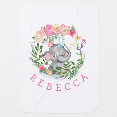 Cute Elephant Florals Name Pink Baby Girl Nursery Baby Blanket