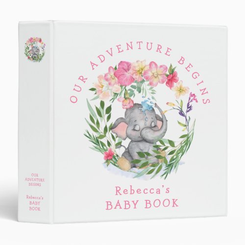 Cute Elephant Florals Pink Girl Baby Book 3 Ring Binder