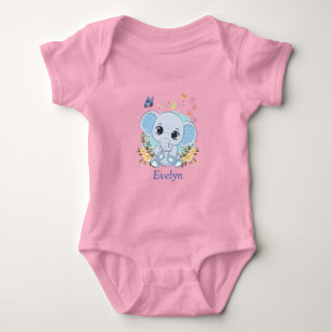 Cute Elephant Flowers and Butterflies Personalized Baby Bodysuit
