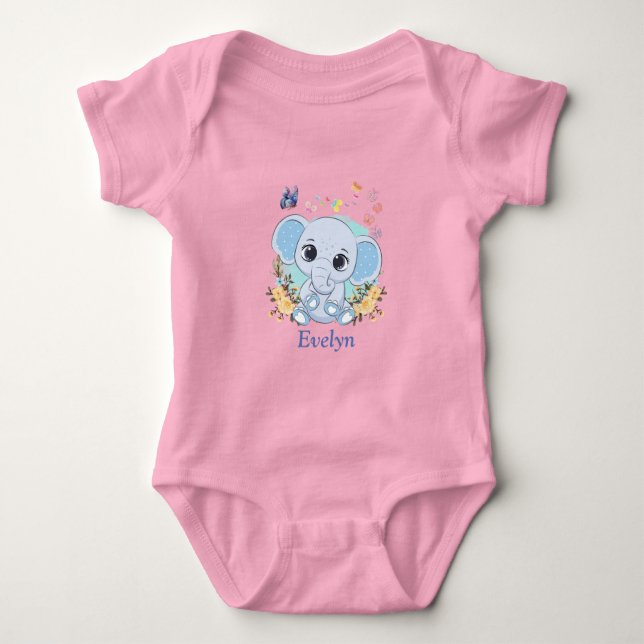 Cute Elephant Flowers and Butterflies Personalized Baby Bodysuit (Front)