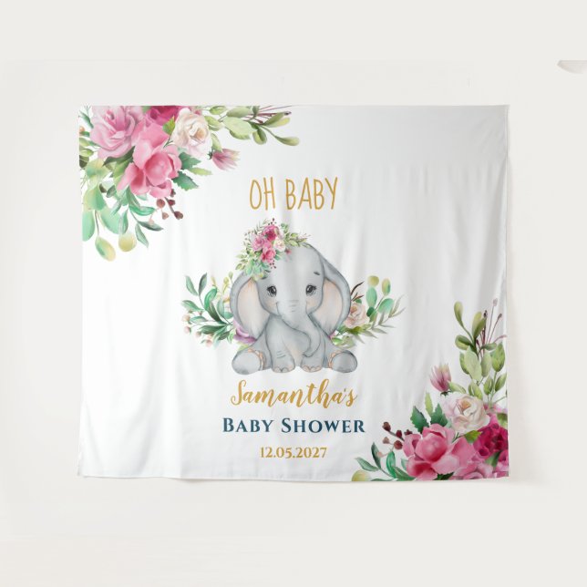  Cute Elephant Flowers Baby Shower Photo Backdrop (Front (Horizontal))