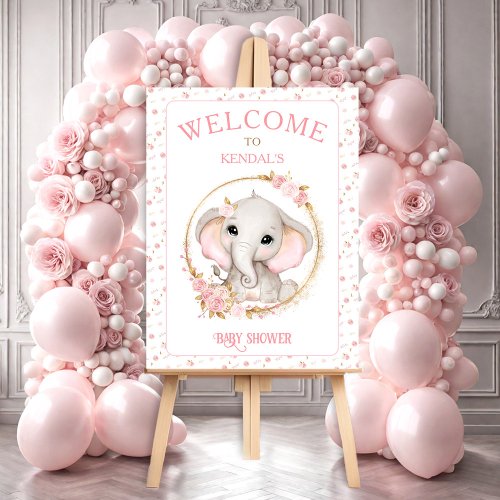 Cute Elephant Flowers Baby Shower White Pink Foam Board