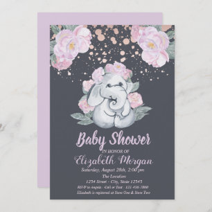 Cute Elephant,Flowers Light Purple Baby Shower Invitation