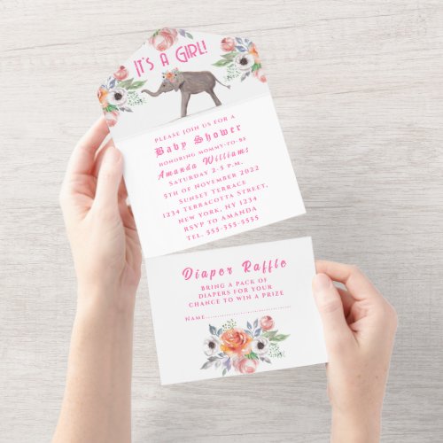 Cute Elephant Flowers Pink Its a Girl Baby Shower All In One Invitation