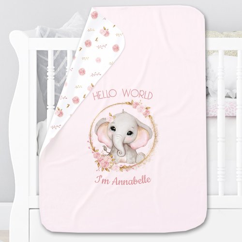 Cute Elephant Flowers Pink Newborn Name Baby Blanket