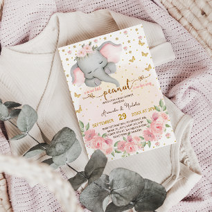 Cute Elephant Flowers Star Moon Baby Girl Shower Invitation