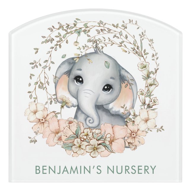 Cute Elephant Foliage Name Baby Boy Nursery Door Sign (Contour Front)