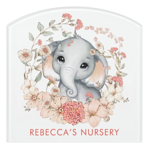 Cute Elephant Foliage Name Baby Girl Nursery Door Sign