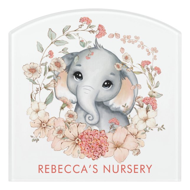 Cute Elephant Foliage Name Baby Girl Nursery Door Sign (Contour Front)