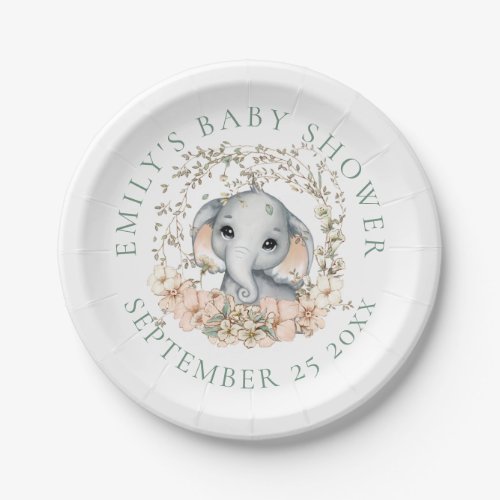 Cute Elephant Foliage Name Boy Date Baby Shower Paper Plates
