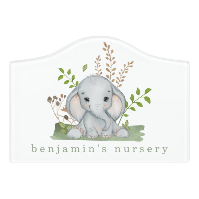 Cute Elephant Foliage Sage Green Name Baby Boy Door Sign (Small Crest Front)