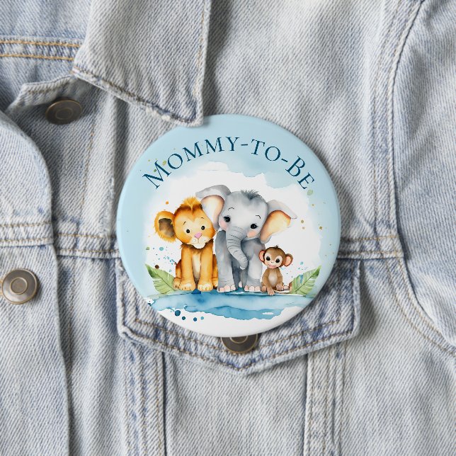 Cute Elephant & Friends Mommy-to-be Baby Shower Button (In Situ)