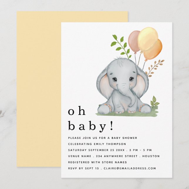 Cute Elephant Gender Neutral Baby Shower Invitation (Front/Back)