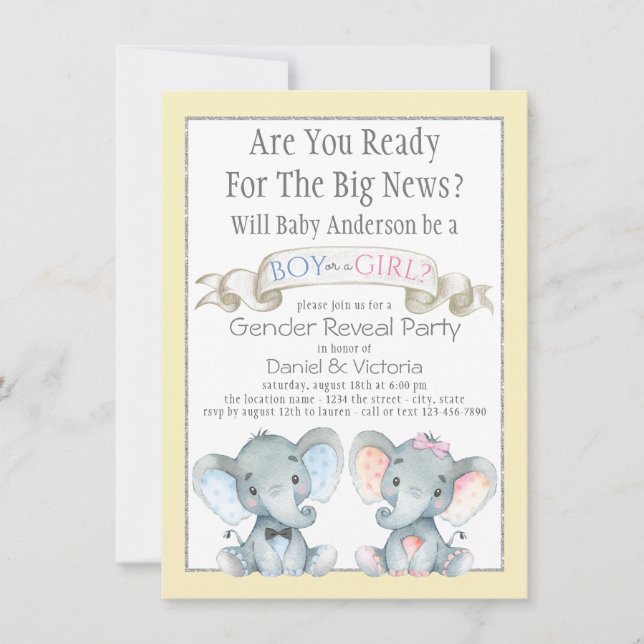Cute Elephant Gender Reveal Baby Shower Invitation (Front)