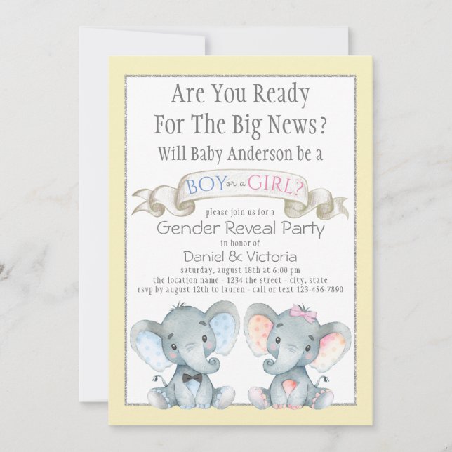 Cute Elephant Gender Reveal Baby Shower Invitation (Front)